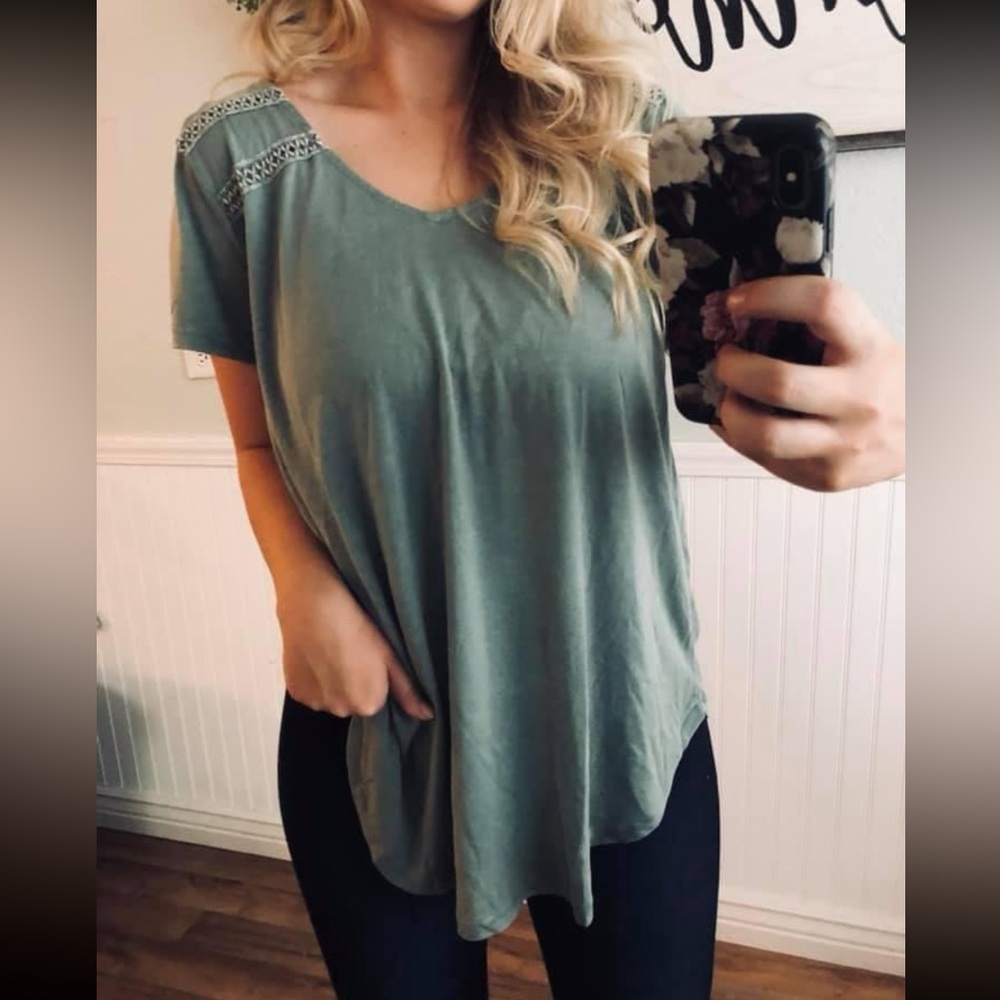 Sage Distressed Cut Out Lace T Shirt.